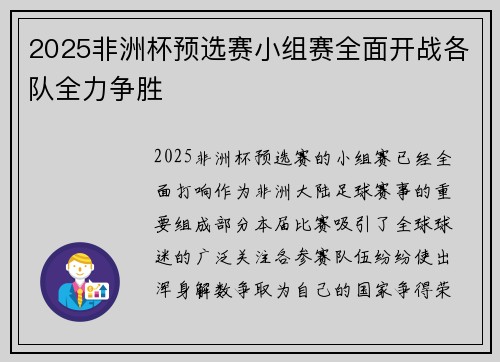 2025非洲杯预选赛小组赛全面开战各队全力争胜